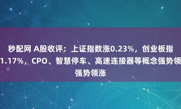 秒配网 A股收评：上证指数涨0.23%，创业板指涨1.17%，CPO、智慧停车、高速连接器等概念强势领涨